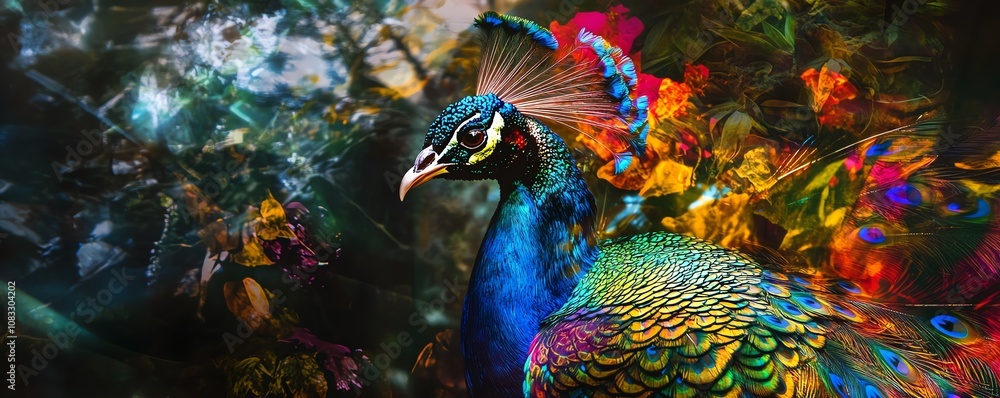 Fototapeta premium Vibrant peacock displaying its colorful feathers.