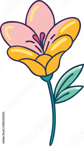 Yellow and Pink Blooming Flower Vector, A vibrant vector illustration of a flower with yellow and pink petals, a green stem, and two delicate leaves in a playful design.  
