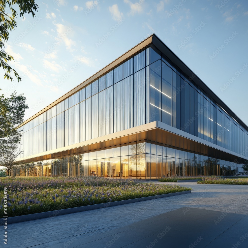 Obraz premium Modern Office Building with Glass Facade and Landscaped Grounds.