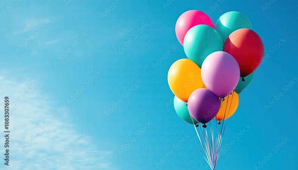 Fototapeta premium Colorful balloons floating against a bright blue sky, symbolizing joy and celebration.