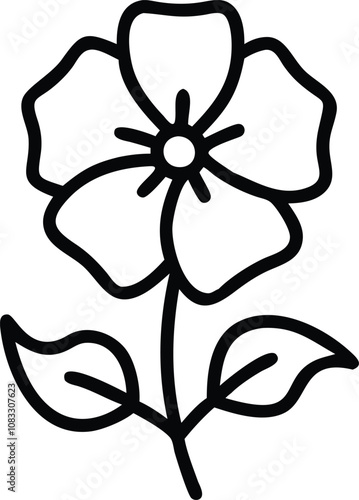 Simple Flower Outline Vector Illustration, A minimalist black and white vector illustration of a single flower with broad petals and two leaves, drawn in an outline style.  
