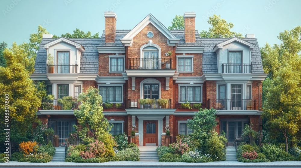 Fototapeta premium Elegant brick apartment building surrounded by lush greenery.