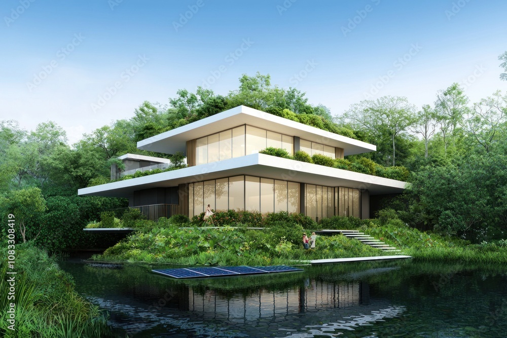 Fototapeta premium Modern architectural design serene landscape residential building eco-friendly environment aerial view sustainable living