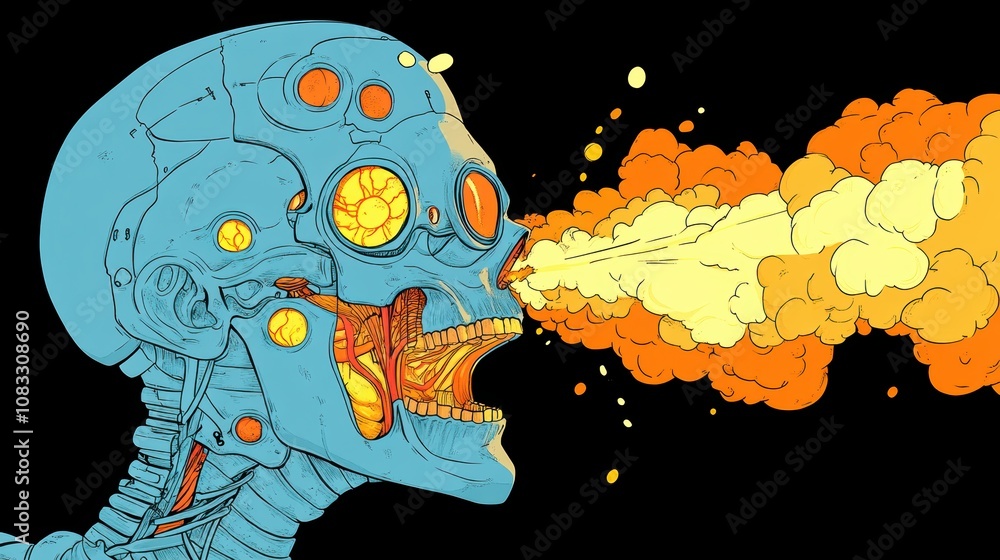 Naklejka premium Cybernetic Skull Exhaling Fire Digital Art Futuristic Illustration