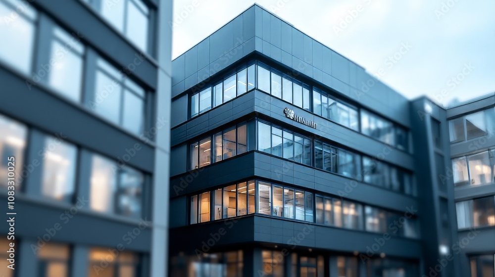 Obraz premium Modern Office Building Architecture with Glass Windows and Contemporary Design for Business and Corporate Use in Urban Environment