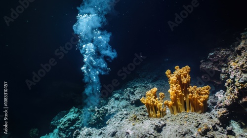 An awe-inspiring view of a deep-sea hydrothermal vent teeming with life, Deep-sea scene, Atmospheric style