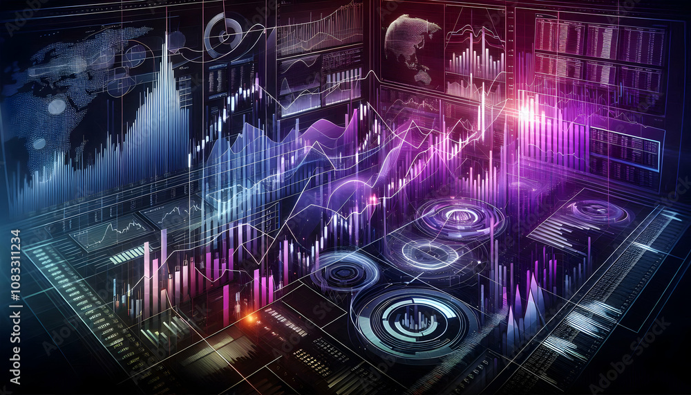 Fototapeta premium A wide-angle view of a multi-layered digital trading board with intersecting line and bar charts on2