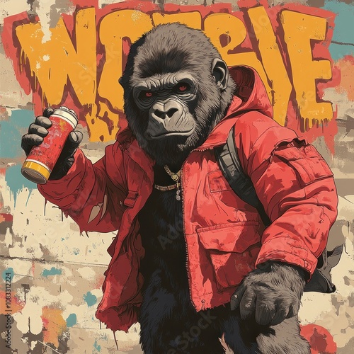 A gorilla in a red jacket and a backpack holding a can of spray paint standing in front of a graffiti wall. photo