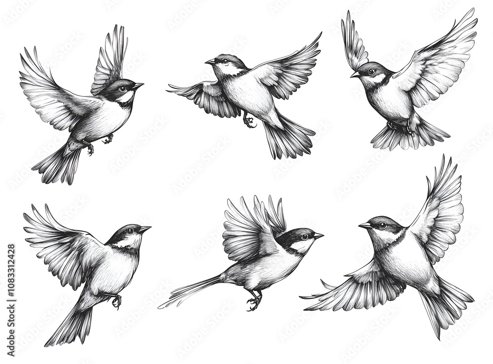 Obraz premium set of bird flying drawings in black ink on a white background,