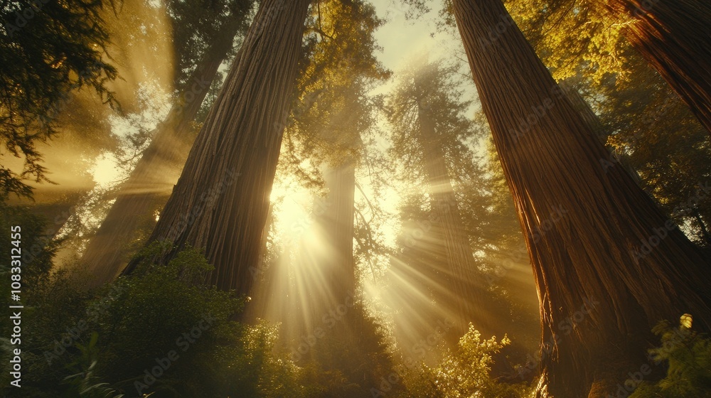 Obraz premium Redwood tree forest with towering trunks, sunlight streaming through, emphasizing the majesty of ancient woodlands