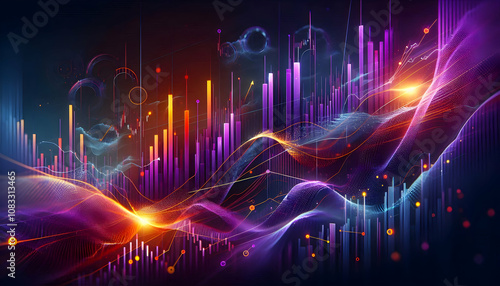 A dynamic stock market graph with purple and orange bars and line charts on a gradient dark blue ba3
