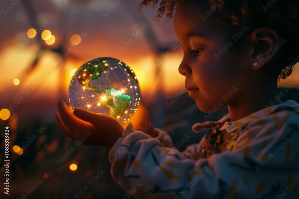 Naklejka premium Enchanting Child Holding Illuminated Globe in a Magical Sunset Scene with Soft Light and Spinning Motif