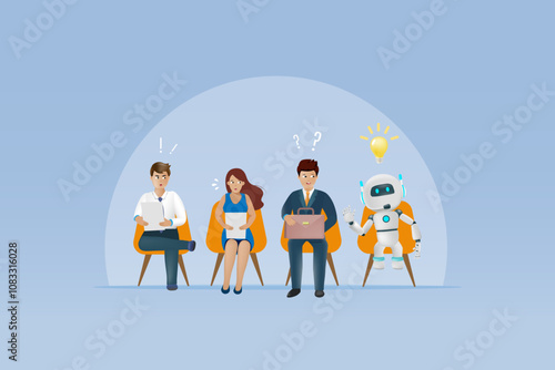 AI robot sit among recruitment candidates for interview on vacant job. Career and job disruption from artificial intelligence technology.  Vector.	 
