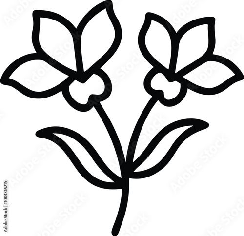 Simple line art of two star-shaped flowers, Minimalist black line drawing of two star-shaped flowers with five petals each, connected by a stem with two leaves, designed in a clean and modern style.
