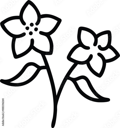 Simple line art of two star-shaped flowers, Minimalist black line drawing of two star-shaped flowers with five petals each, connected by a stem with two leaves, designed in a clean and modern style.
