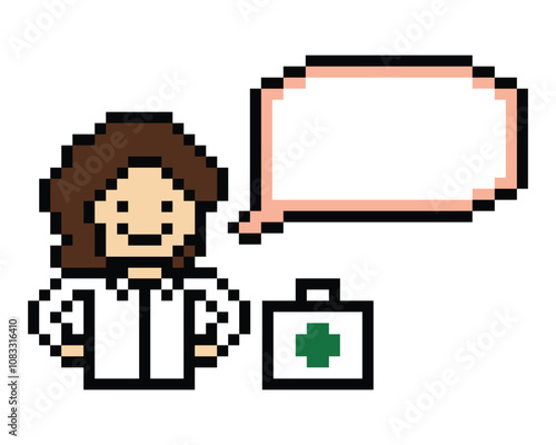 Cute pixel cartoon 8bit character woman doctor or scientist game care decoration pharmacist female doctor uniform health hospital 8 bit woman pixel art png vector.