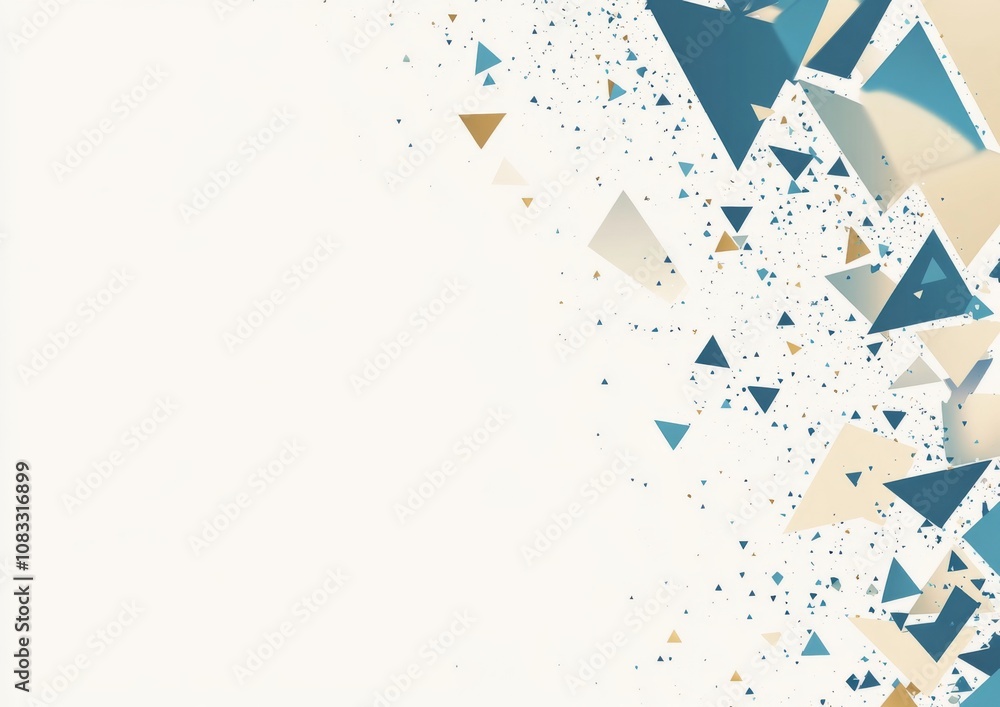 Obraz premium Geometric pattern featuring blue, beige, and teal triangles and squares, with a flat design and simple shapes on a white background.