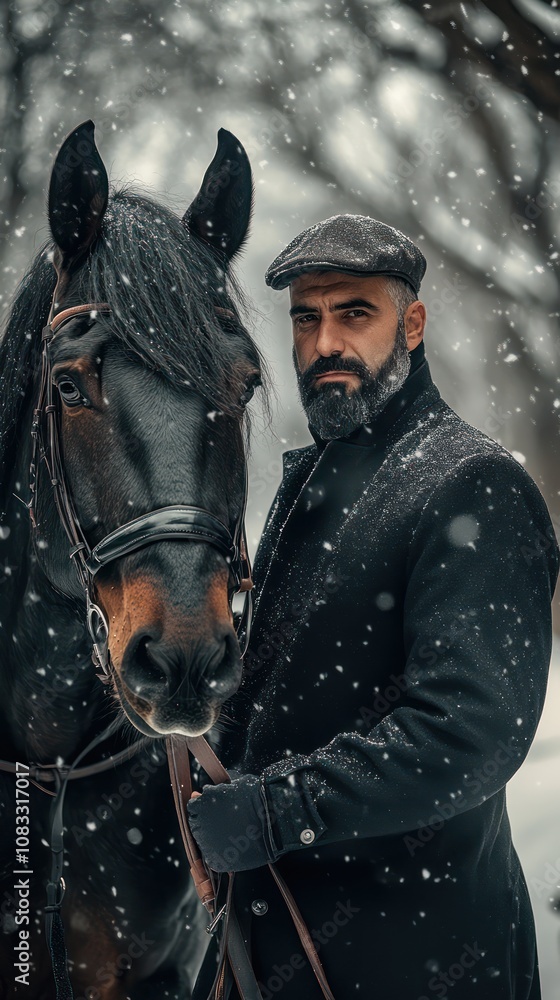 Naklejka premium Turkish Man with Horse in Snowy Setting