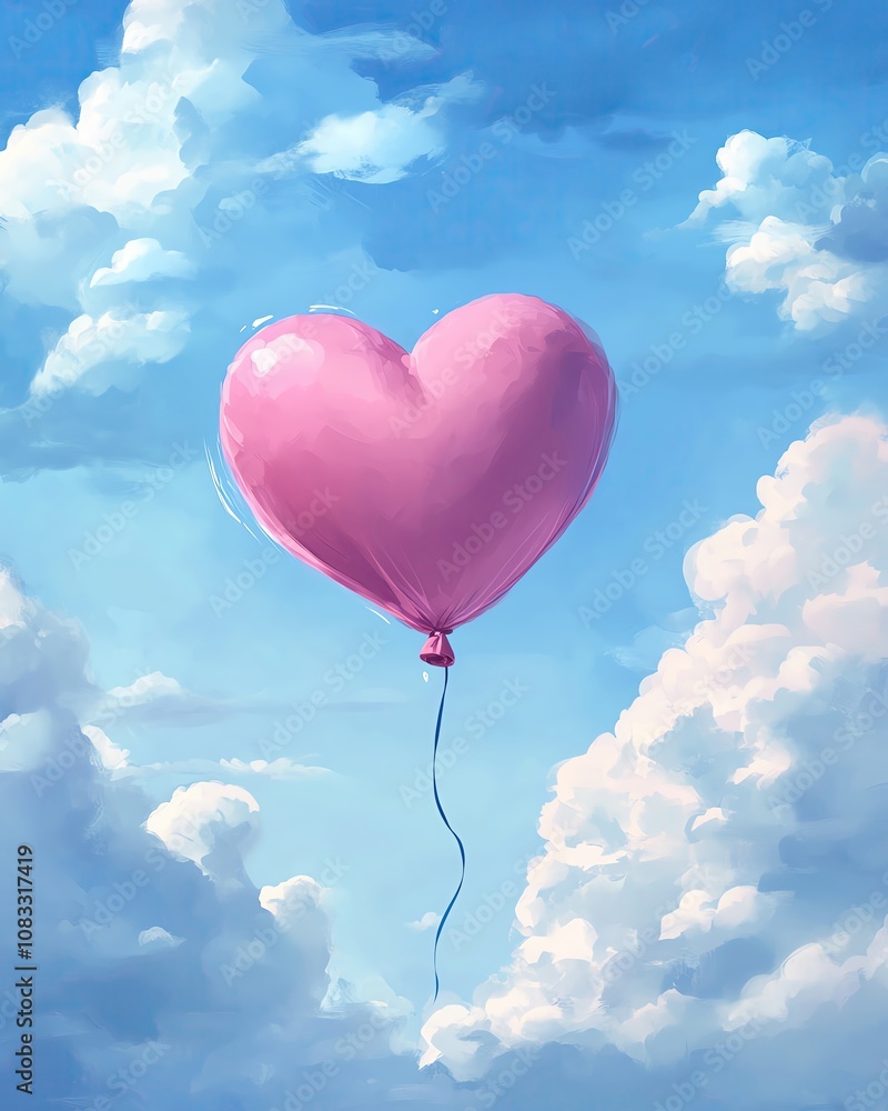 Fototapeta premium pink heart balloons floating in the sky Heart-shaped balloon floating in blue sky.