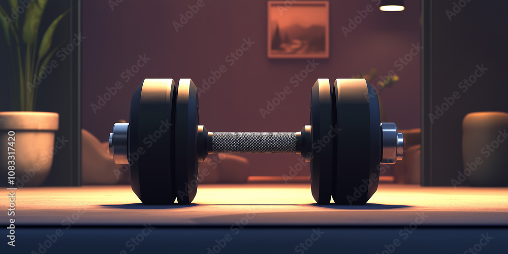 Fototapeta premium Dumbbell resting on table in cozy home gym setting