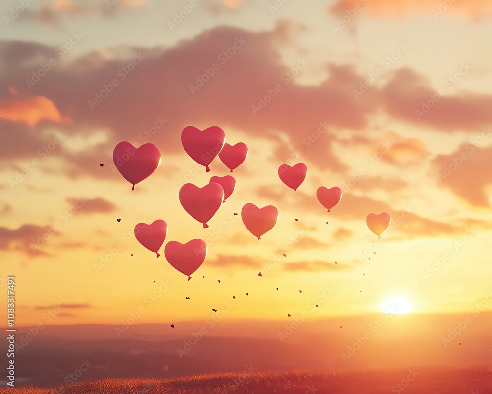 Fototapeta premium pink heart balloons floating in the sky Colorful heart balloons floating at sunset.