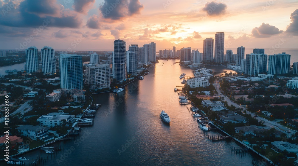 Fototapeta premium 14. A bird eye shot of a city is waterfront with docks, boats, and modern skyscrapers reflecting on the water