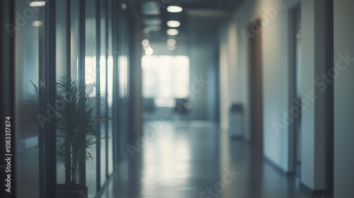 Quiet office hallway with glass walls and a plant in the foreground during daylight