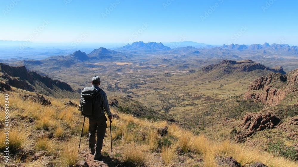 Obraz premium A hiker gazes over a vast mountainous landscape under a clear blue sky.