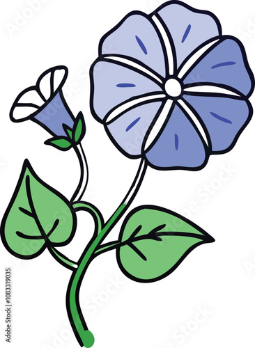 Blue morning glory flower with bud and leaves, Vector illustration of a blue morning glory flower with a purple bud and green leaves, showcasing a delicate and vibrant design.
