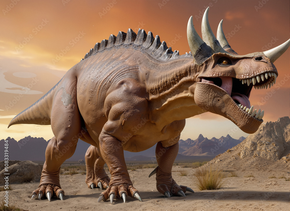 Fototapeta premium 3D rendering image of a Tyrannosaurus rex in a rocky desert with mountains in the background.