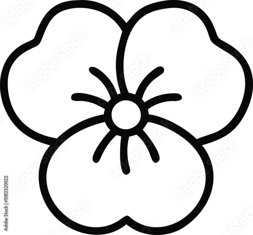 Simple black line art pansy flower, Minimalist black line drawing of a pansy flower with rounded petals and a small central circle, featuring a clean, basic design.
