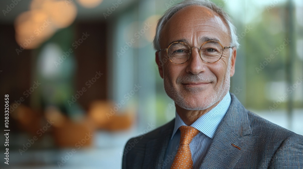 Fototapeta premium Portrait of a senior businessman with glasses and a suit smiling warmly in a bright and modern office setting.
