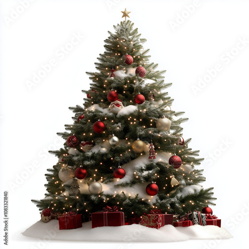 Classic Christmas Tree with Red and Gold Ornaments on Snowy Base - Festive Holiday 
