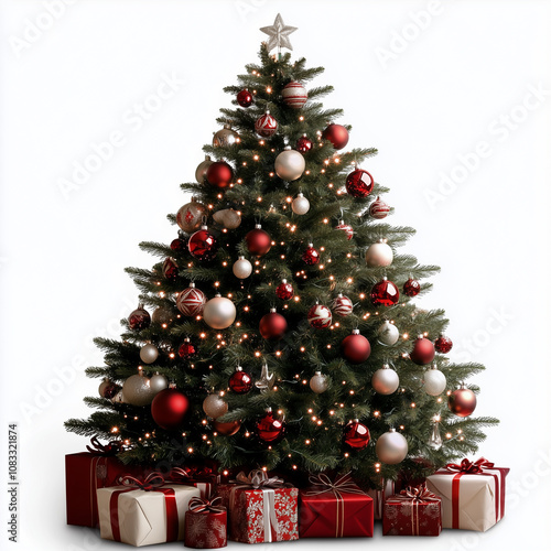 Elegant Christmas Tree with Red and Silver Ornaments - Classic Holiday Decor with Gifts