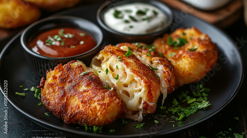 Fried potato pancakes with melted cheese and dipping sauces photo