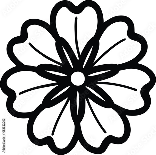 Detailed floral line art with six petals, Black and white line art illustration of a flower with six scalloped petals and a circular center, featuring intricate and symmetrical detailing.
