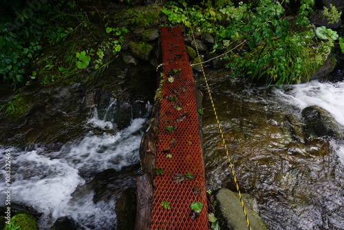 増水した沢の上を通る金属の橋 photo