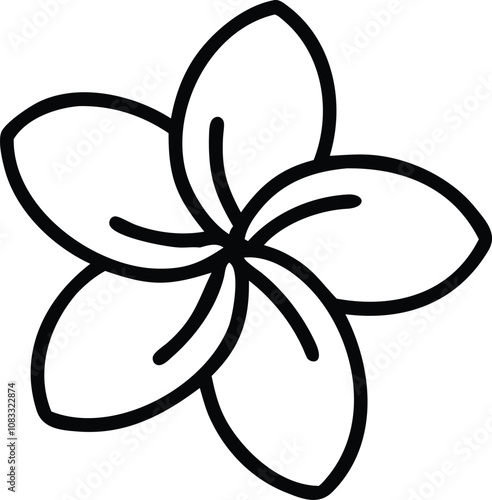 Simple plumeria flower outline illustration, Minimalistic black and white line drawing of a plumeria flower with five smooth petals, featuring a clean and stylized design.
