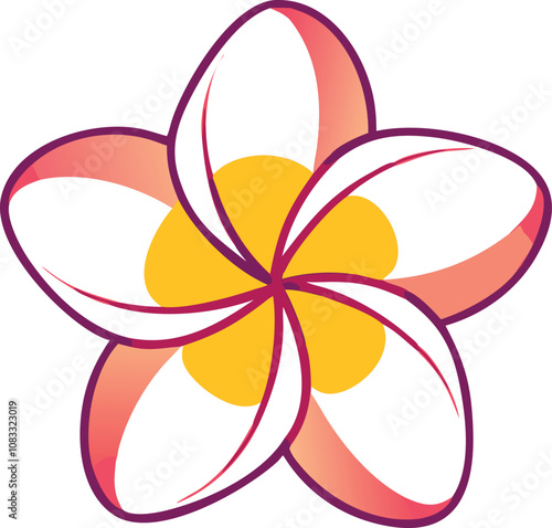 Colorful plumeria flower with gradient petals, Stylized vector illustration of a plumeria flower with white and pink gradient petals and a bright yellow center, featuring a vibrant and tropical design