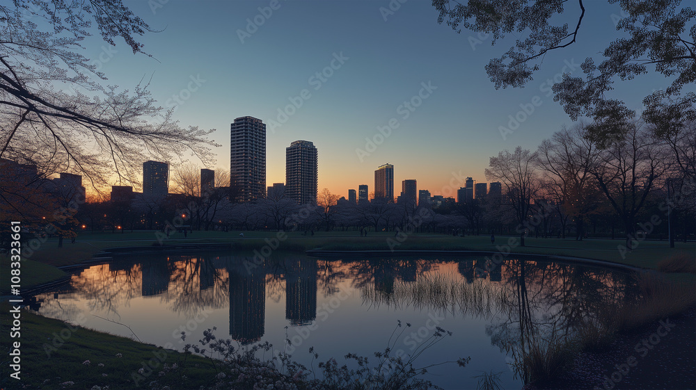 Fototapeta premium 夜明けの東京の公園と春の桜の風景