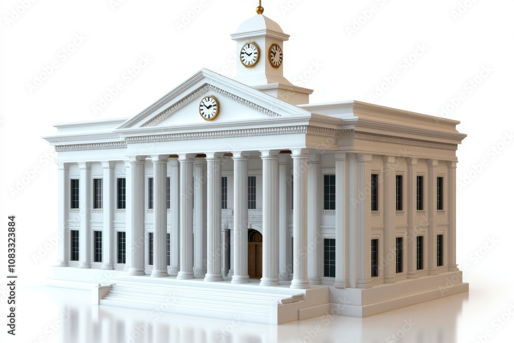 Obraz premium 2D illustration of a classic university building with columns and clock tower on a white background