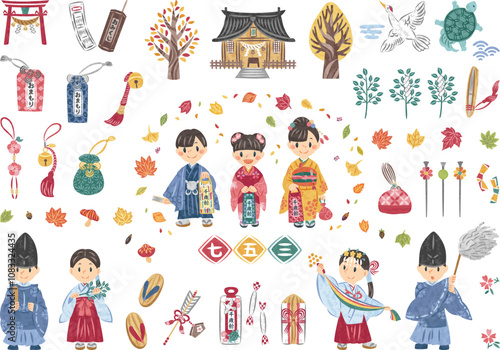 11月　七五三　着物姿の子供たち　紅葉　神社　イラストセット