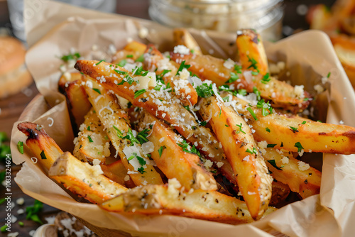 Crispy garlic parmesan fries with parsley garnish and grated cheese in a serving basket
