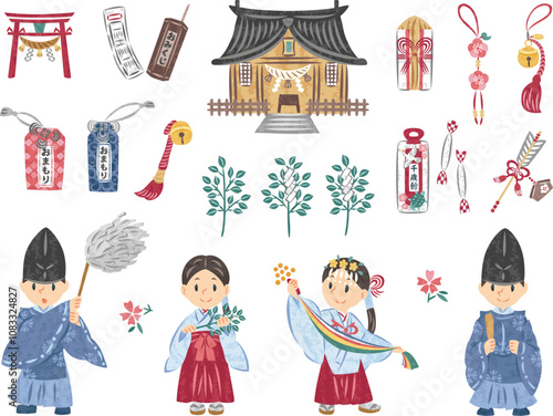 神道　神社　巫女　神主　イラストセット