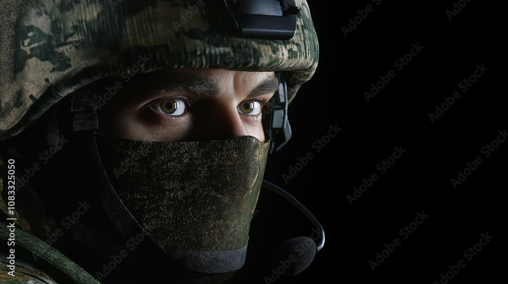 Fototapeta premium Soldier wearing camouflage helmet and mask in dark background