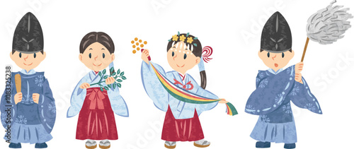 神道　神社　巫女　神主　イラストセット