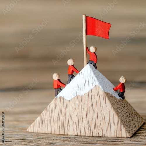 wooden figure representing leadership concept. Miniature mountain climbers reaching the summit with a red flag. photo