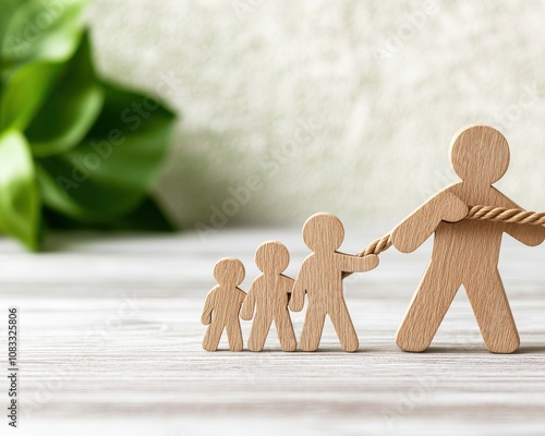 wooden figure representing leadership concept. Wooden figures representing family connection and support, white isolate background. photo