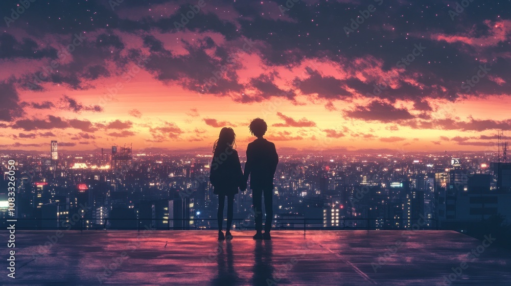 Fototapeta premium Lofi anime couple enjoying city afternoon. Romantic glow with chill hip hop vibe. Anime urban relaxation.