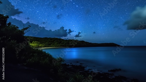 An enchanting view of a bioluminescent bay shimmering under the stars on a secluded island in the Caribbean, Caribbean bioluminescent bay scene, Ethereal style
